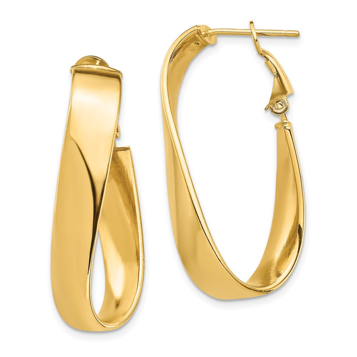 Million Charms 14k Yellow Gold High Polished 7mm Wavy Oval Omega Back Hoop Earrings, 36.05mm x 16.65mm