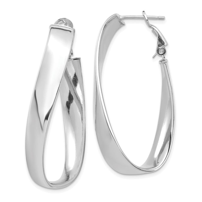 Million Charms 14k White Gold Polished 7mm Twisted Omega Back Oval Hoop Earrings, 44.59mm x 23.55mm