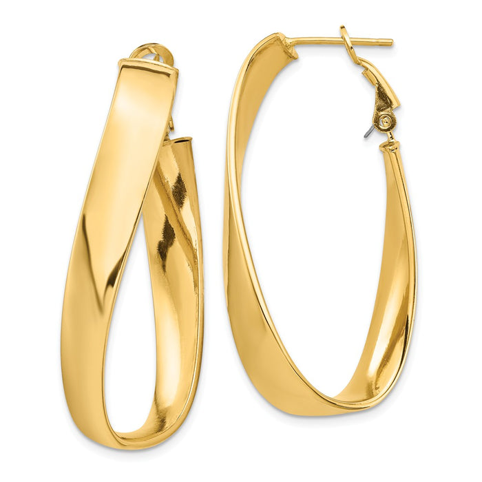 Million Charms 14k Yellow Gold High Polished 7mm Twisted Oval Omega Back Hoop Earrings, 44.59mm x 23.55mm