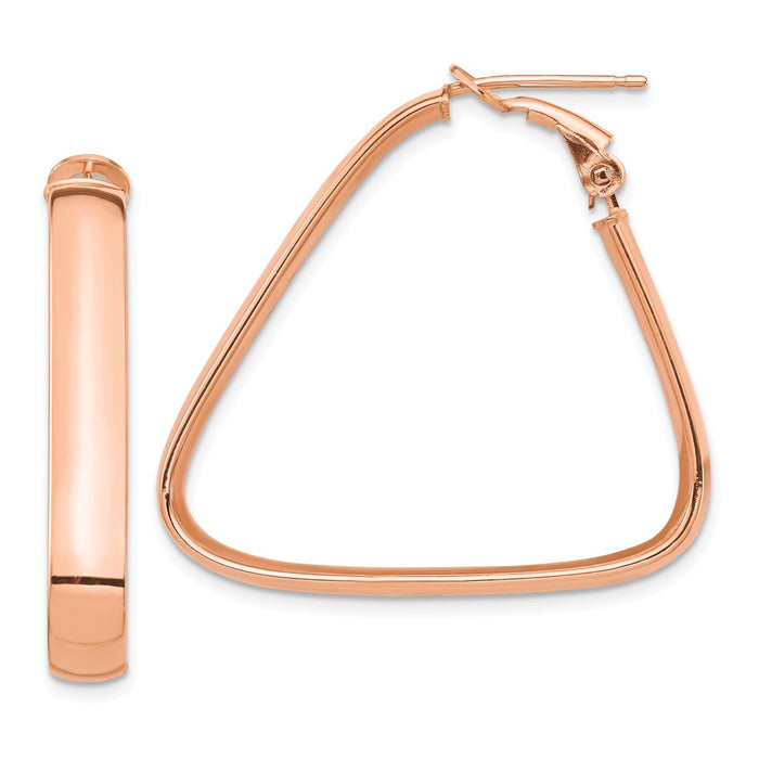 Million Charms 14k Rose Gold High Polished 5mm Triangle Omega Back Hoop Earrings, 32.38mm x 34.48mm