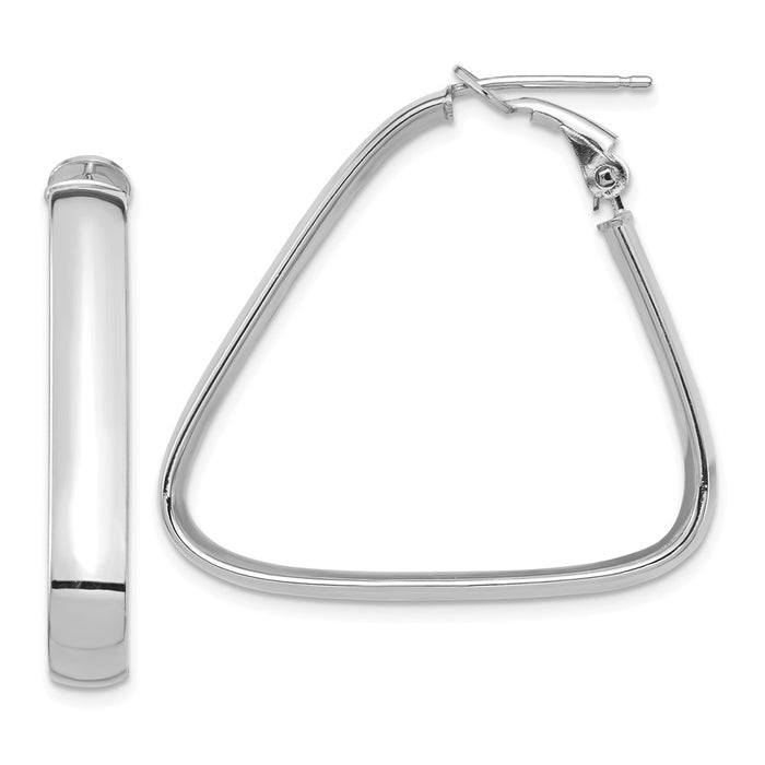 Million Charms 14k White Gold High Polished 5mm Triangle Omega Back Hoop Earrings, 32.38mm x 34.48mm