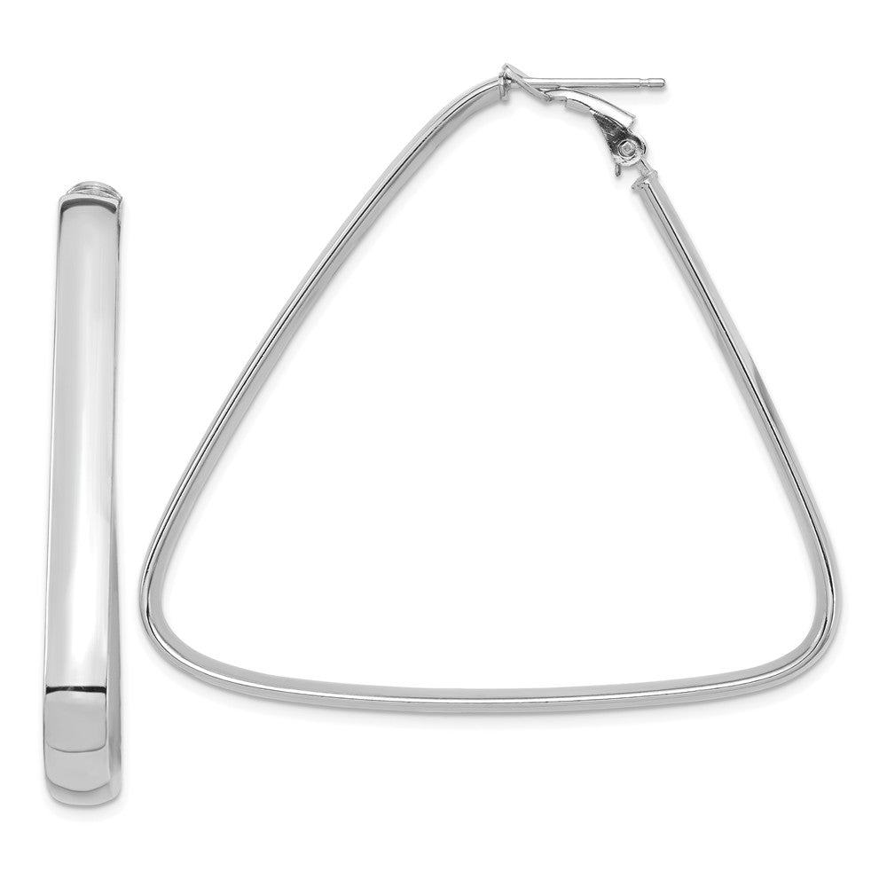 Million Charms 14k White Gold High Polished 5mm Omega Back Triangle Hoop Earrings, 47.9mm x 54mm