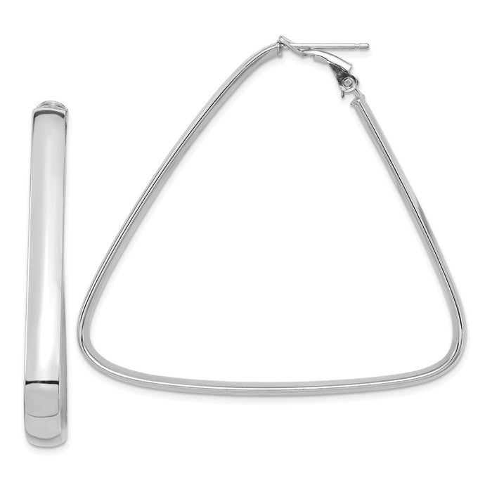 Million Charms 14k White Gold High Polished 5mm Omega Back Triangle Hoop Earrings, 47.9mm x 54mm