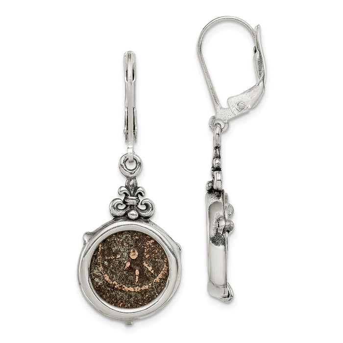 925 Sterling Silver & Bronze Antiqued Widows Mite Coin Leverback Earrings, 42mm x 17mm