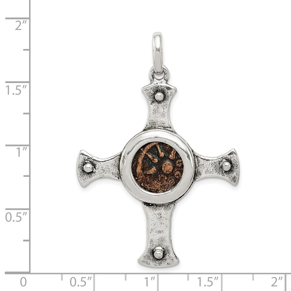 Million Charms 925 Sterling Silver & Bronze Antiqued Widows Mite Coin Relgious Cross Pendant