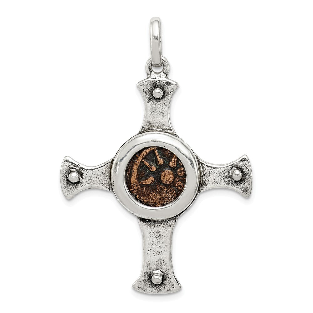 Million Charms 925 Sterling Silver & Bronze Antiqued Widows Mite Coin Relgious Cross Pendant