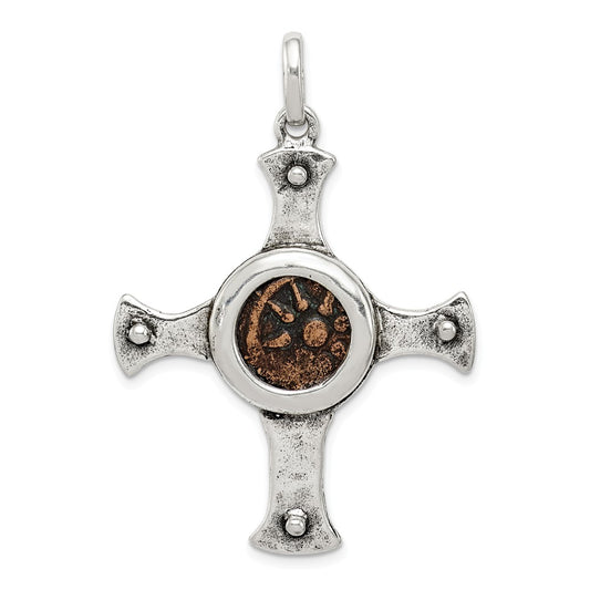 Million Charms 925 Sterling Silver & Bronze Antiqued Widows Mite Coin Relgious Cross Pendant