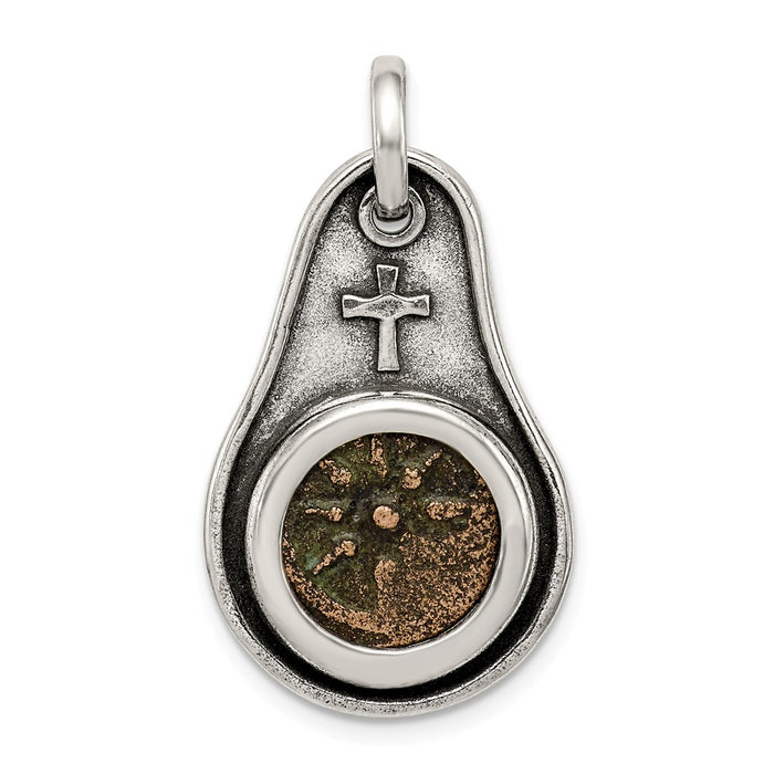 Million Charms 925 Sterling Silver Antiqued Widows Mite Coin Pendant