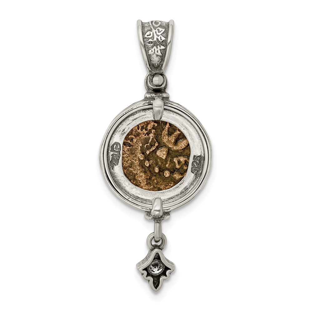Million Charms 925 Sterling Silver Antiqued Widows Mite Coin (Cubic Zirconia) CZ Dangle Pendant