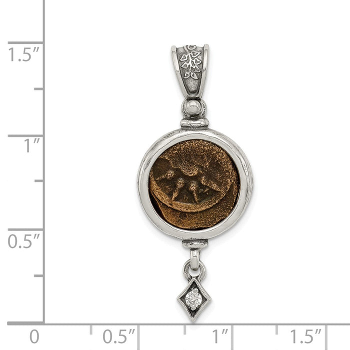Million Charms 925 Sterling Silver Antiqued Widows Mite Coin (Cubic Zirconia) CZ Dangle Pendant