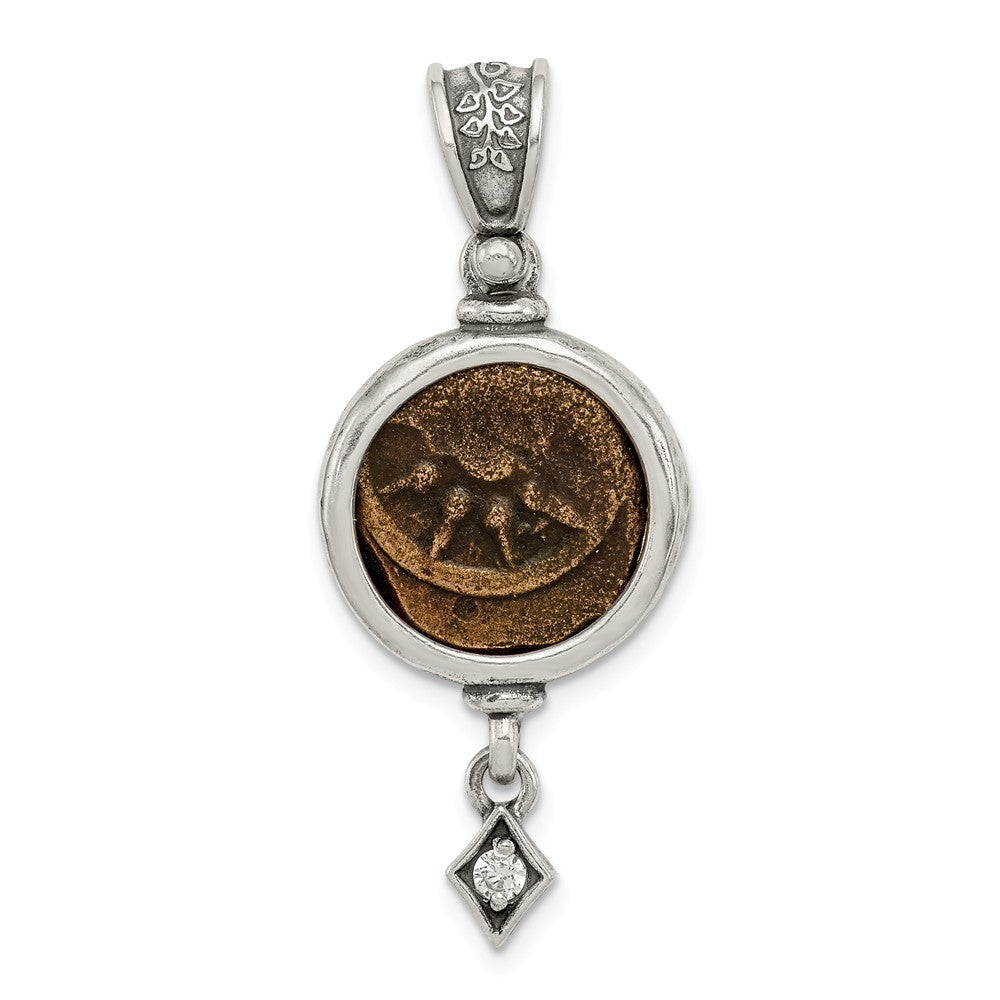 Million Charms 925 Sterling Silver Antiqued Widows Mite Coin (Cubic Zirconia) CZ Dangle Pendant