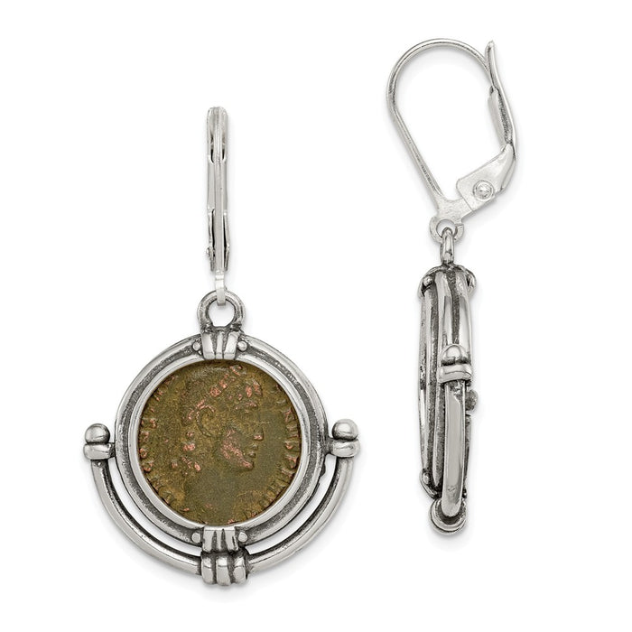925 Sterling Silver Antiqued Roman Bronze Coin Leverback Earrings, 42mm x 24mm