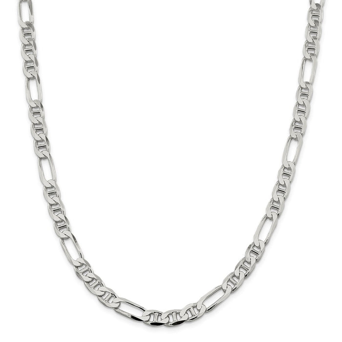 Million Charms 925 Sterling Silver 7.5mm Figaro Anchor Chain, Chain Length: 26 inches
