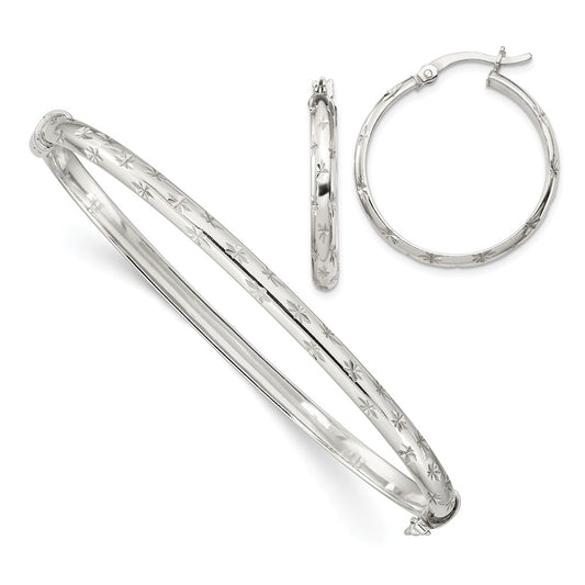 Stella Silver Jewelry Set - 925 Sterling Silver Diamond-cut Bangle 4mm & Hoop 3mm Earring Set