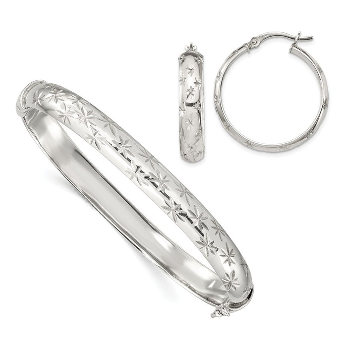 Stella Silver Jewelry Set - 925 Sterling Silver Diamond-cut Bangle 7.5mm & Hoop 5mm Earring Set