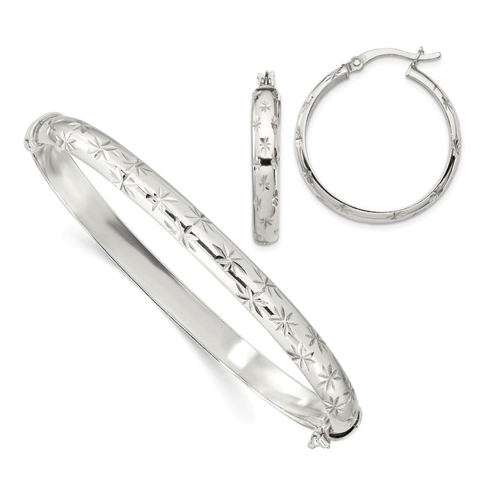 Stella Silver Jewelry Set - 925 Sterling Silver Diamond-cut Bangle 6mm & Hoop 4mm Earring Set