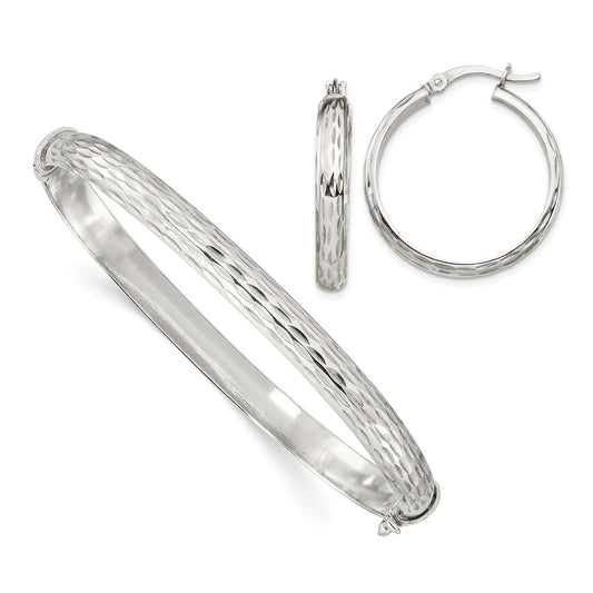 Stella Silver Jewelry Set - 925 Sterling Silver Diamond-cut Bangle 6mm & Hoop 4mm Earring Set