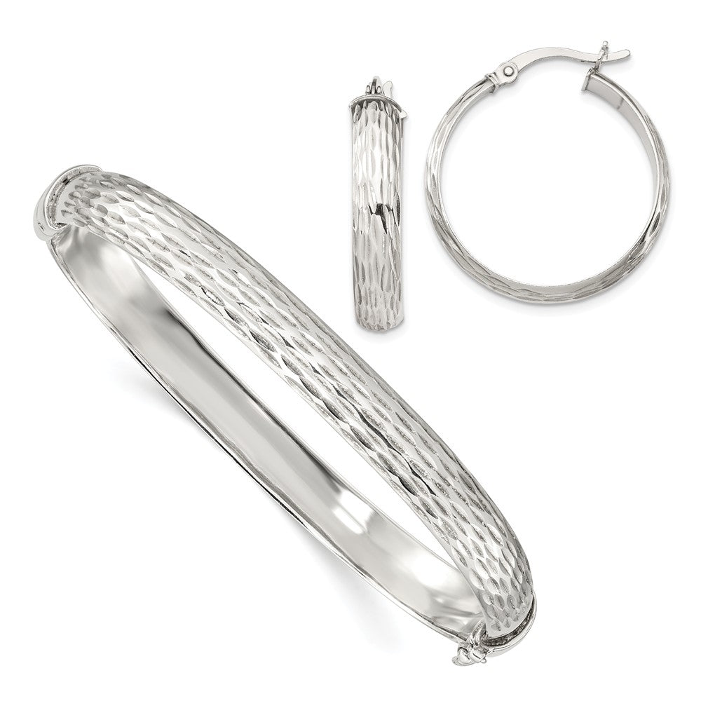 Stella Silver Jewelry Set - 925 Sterling Silver Diamond-cut Bangle 7.5mm & Hoop 5mm Earring Set