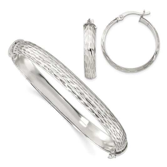 Stella Silver Jewelry Set - 925 Sterling Silver Diamond-cut Bangle 7.5mm & Hoop 5mm Earring Set