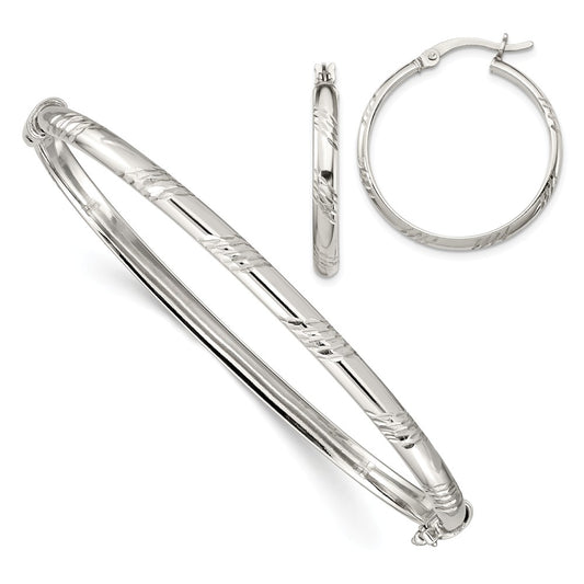 Stella Silver Jewelry Set - 925 Sterling Silver Diamond-cut Bangle 4mm & Hoop 3mm Earring Set