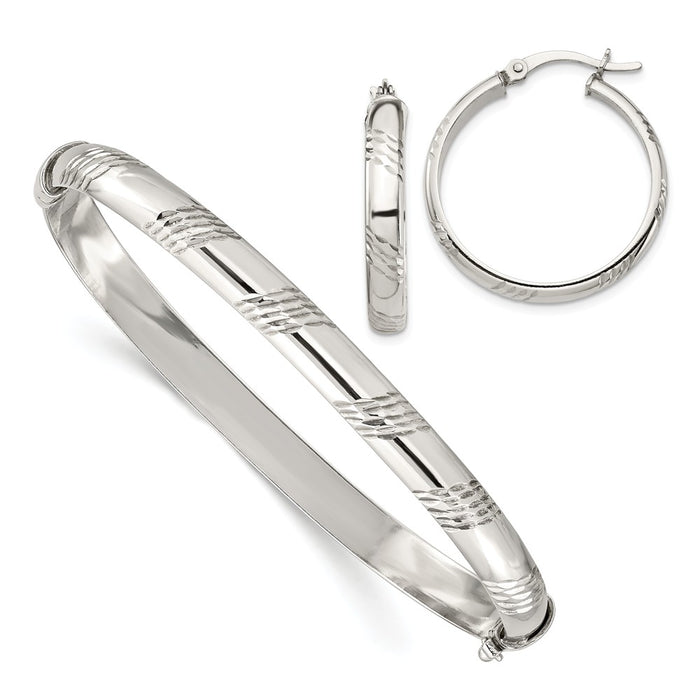 Stella Silver Jewelry Set - 925 Sterling Silver Diamond-cut Bangle 6mm & Hoop 4mm Earring Set