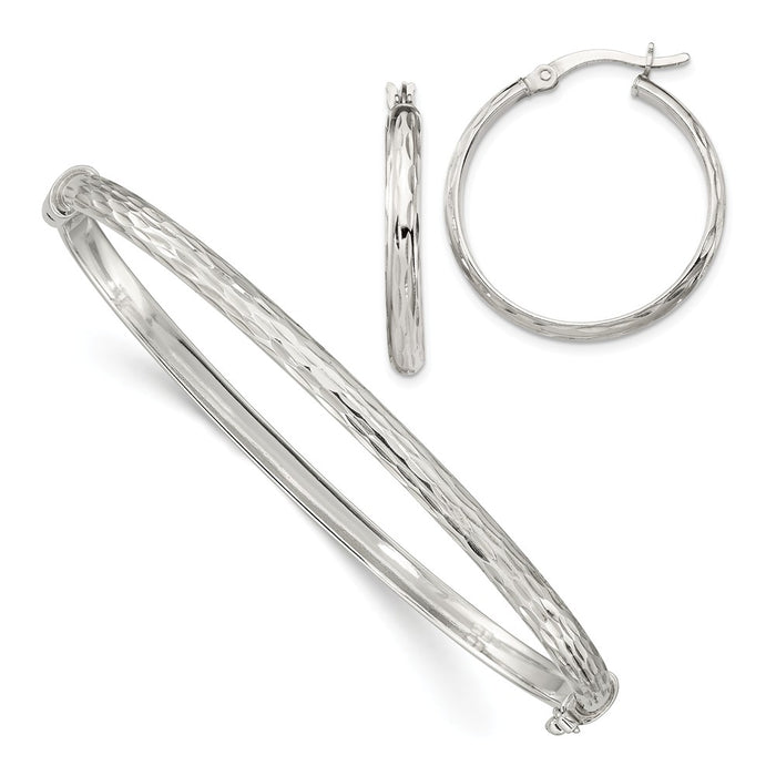 Stella Silver Jewelry Set - 925 Sterling Silver Diamond-cut Bangle 4mm & Hoop 3mm Earring Set