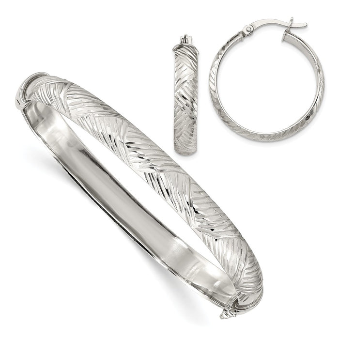 Stella Silver Jewelry Set - 925 Sterling Silver Diamond-cut Bangle 7.5mm & Hoop 5mm Earring Set
