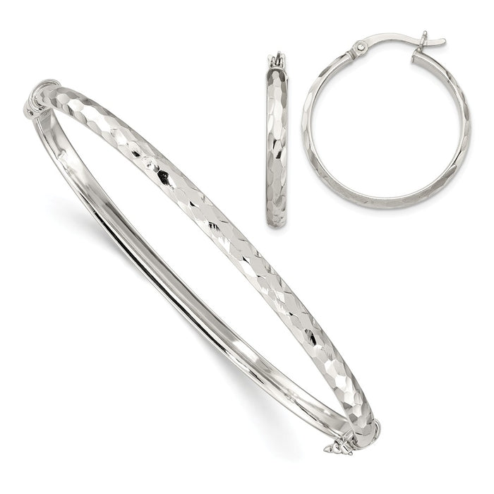 Stella Silver Jewelry Set - 925 Sterling Silver Diamond-cut Bangle 4mm & Hoop 3mm Earring Set