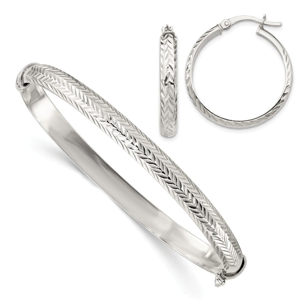 Stella Silver Jewelry Set - 925 Sterling Silver Diamond-cut Bangle 6mm & Hoop 4mm Earring Set