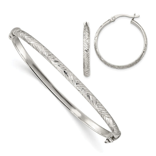 Stella Silver Jewelry Set - 925 Sterling Silver Diamond-cut Bangle 4mm & Hoop 3mm Earring Set