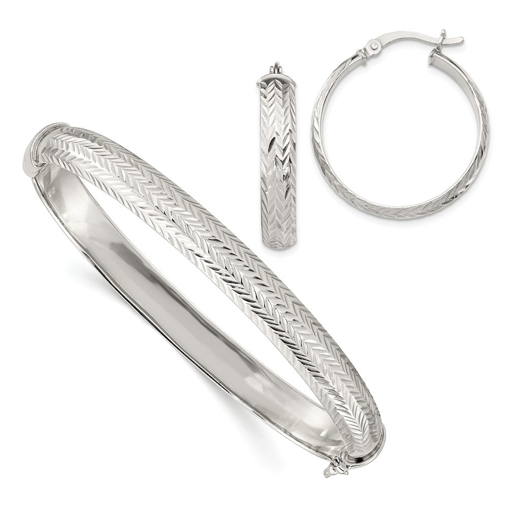 Stella Silver Jewelry Set - 925 Sterling Silver Diamond-cut Bangle 7.5mm & Hoop 5mm Earring Set
