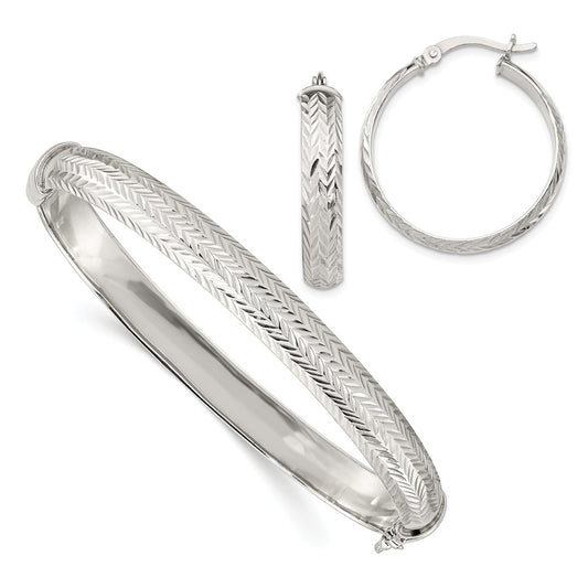 Stella Silver Jewelry Set - 925 Sterling Silver Diamond-cut Bangle 7.5mm & Hoop 5mm Earring Set