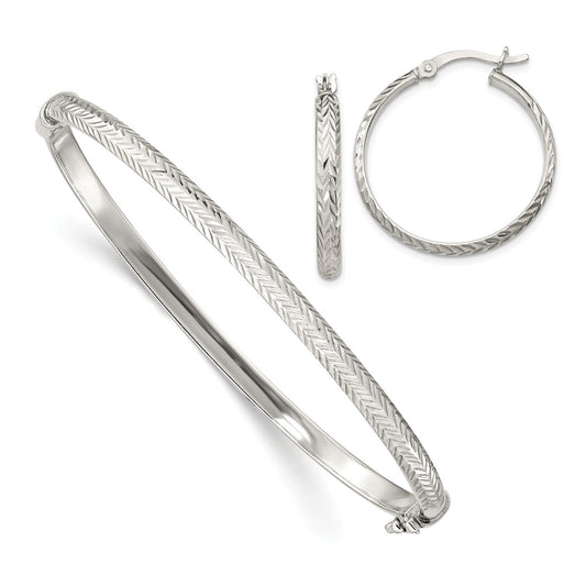 Stella Silver Jewelry Set - 925 Sterling Silver Diamond-cut Bangle 4mm & Hoop 3mm Earring Set