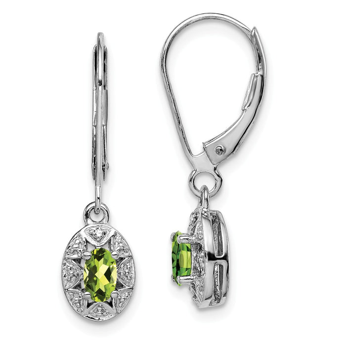 925 Sterling Silver Rhodium-plated Diamond  & Peridot Earrings, 26mm x 7mm