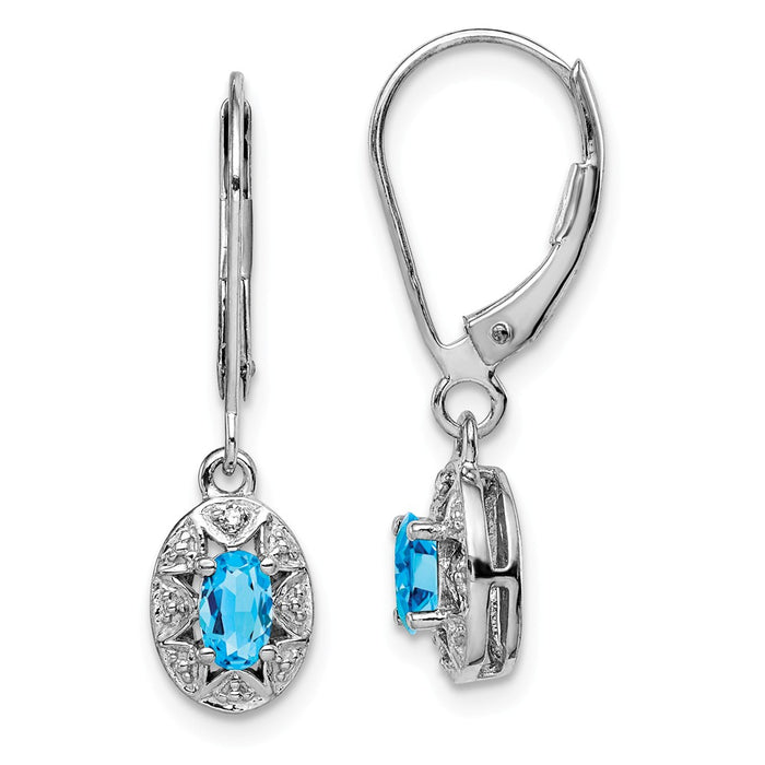 925 Sterling Silver Rhodium-plated Diamond  & Blue Topaz Earrings, 26mm x 7mm