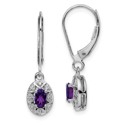925 Sterling Silver Rhodium-plated Diamond  & Amethyst Earrings, 26mm x 7mm