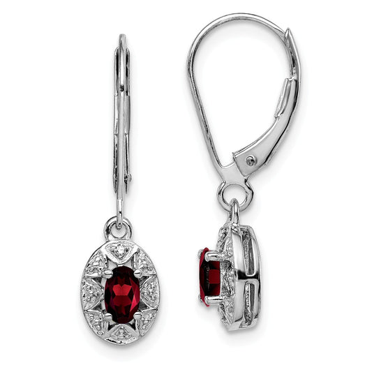 925 Sterling Silver Rhodium-plated Diamond  & Garnet Earrings, 26mm x 7mm