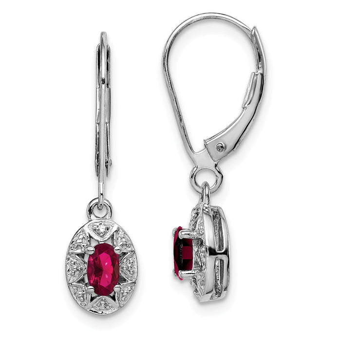 925 Sterling Silver Rhodium-plated Diamond  & Created Ruby Earrings, 26mm x 7mm