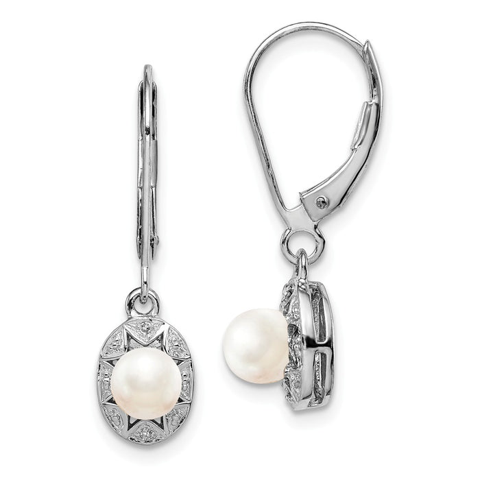 925 Sterling Silver Rhodium-plated Diamond & Freshwater Cultured Pearl Earrings, 26mm x 7mm