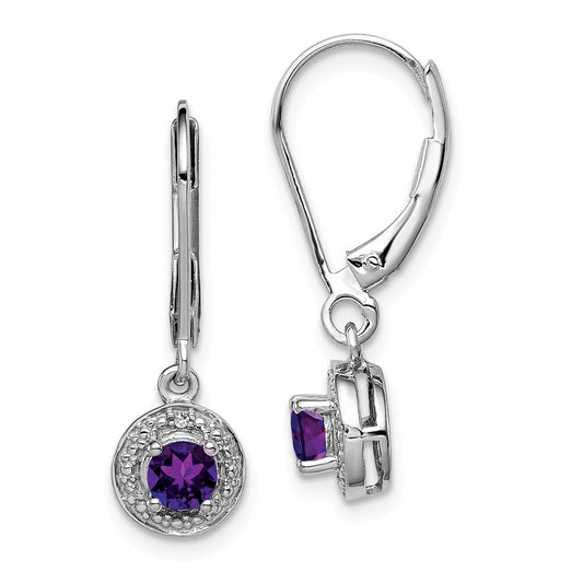 925 Sterling Silver Rhodium-plated Diamond  & Amethyst Earrings, 26mm x 7mm