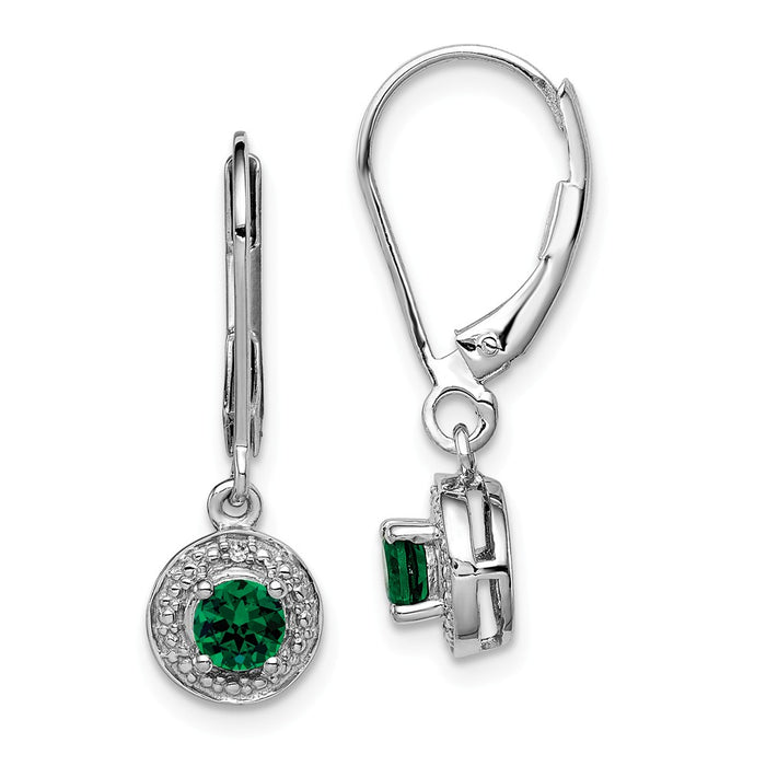 925 Sterling Silver Rhodium-plated Diamond  & Created Emerald Earrings, 26mm x 7mm