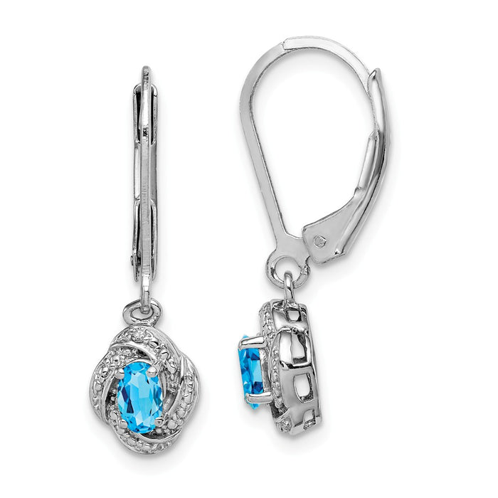 925 Sterling Silver Rhodium-plated Diamond  & Blue Topaz Earrings, 26mm x 7mm