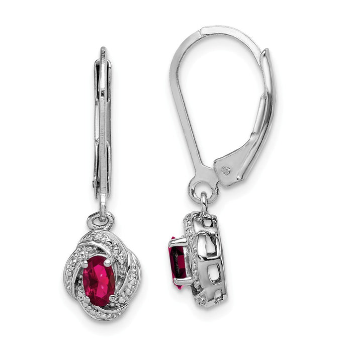 925 Sterling Silver Rhodium-plated Diamond  & Created Ruby Earrings, 26mm x 7mm