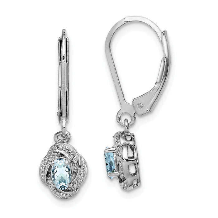 925 Sterling Silver Rhodium-plated Diamond  & Aquamarine Earrings, 26mm x 7mm