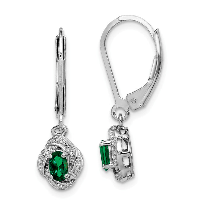 925 Sterling Silver Rhodium-plated Diamond  & Created Emerald Earrings, 26mm x 7mm