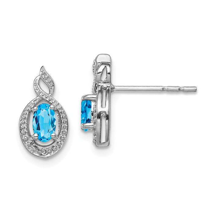 925 Sterling Silver Rhodium-plated Light Swiss Blue Topaz & Diamond  Earrings, 13mm x 7mm