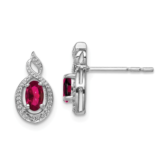 925 Sterling Silver Rhodium-plated Created Ruby & Diamond  Earrings, 13mm x 7mm