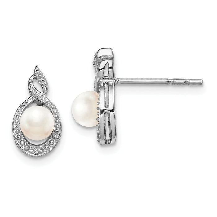 925 Sterling Silver Rhodium-plated Freshwater Cultured Pearl & Diamond Earrings, 13mm x 7mm