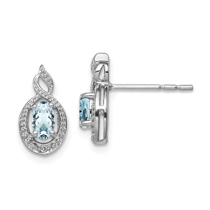 925 Sterling Silver Rhodium-plated Aquamarine & Diamond  Earrings, 13mm x 7mm