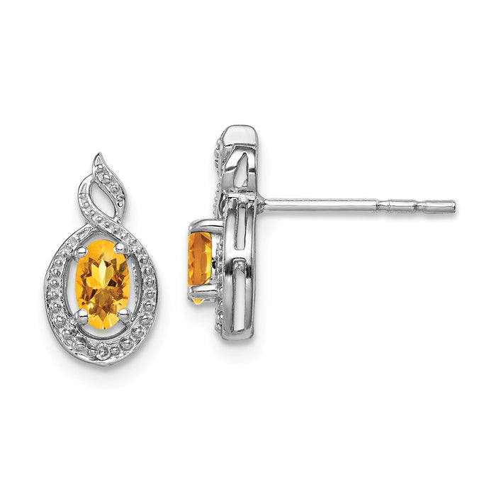 925 Sterling Silver Rhodium-plated Citrine & Diamond  Earrings, 13mm x 7mm